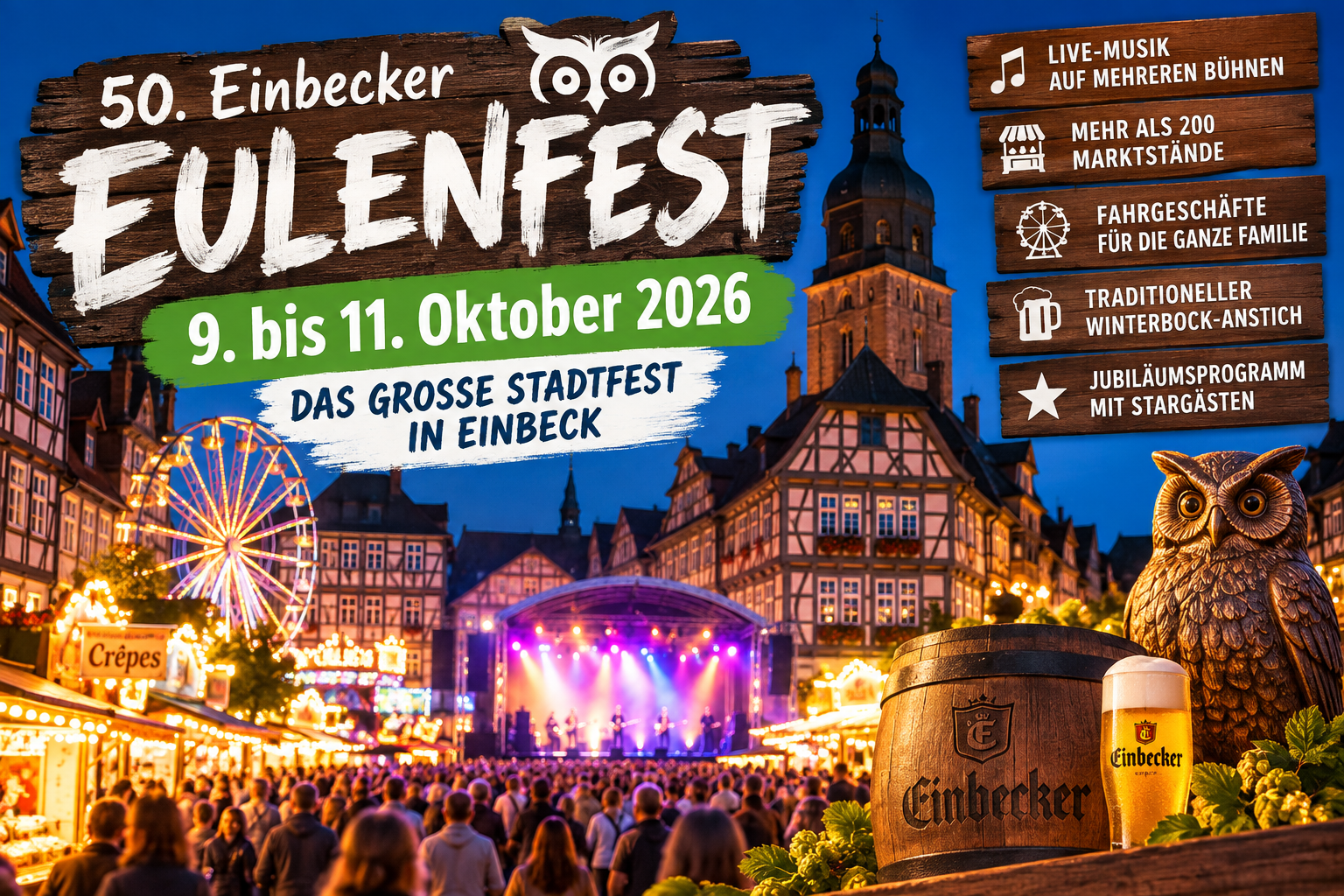 50. Einbecker Eulenfest 2026: Drei Tage Stadtfest, Musik und Jubiläumsprogramm
